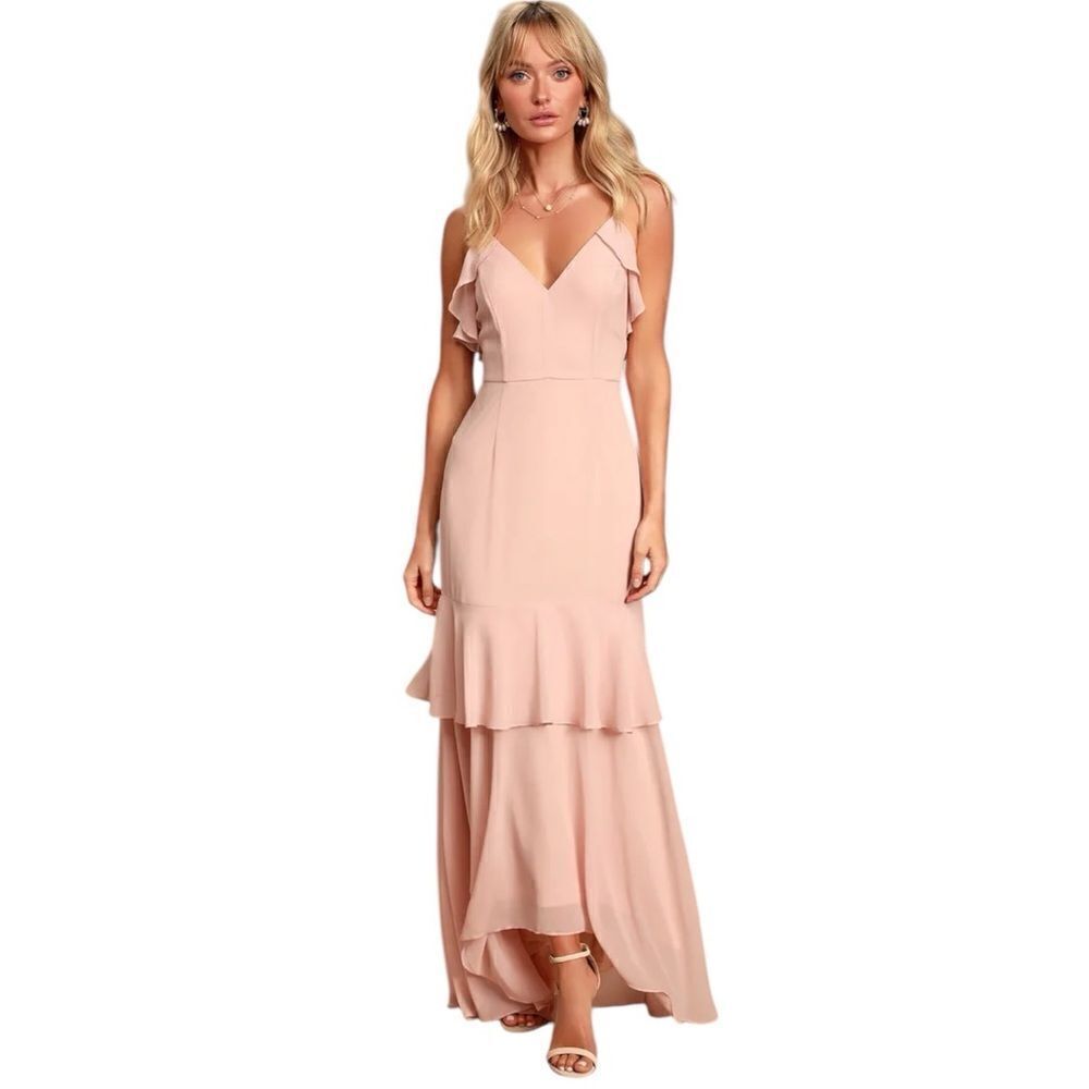 Lulus Cherish the Moment Blush Ruffled High Low Maxi Dress Large